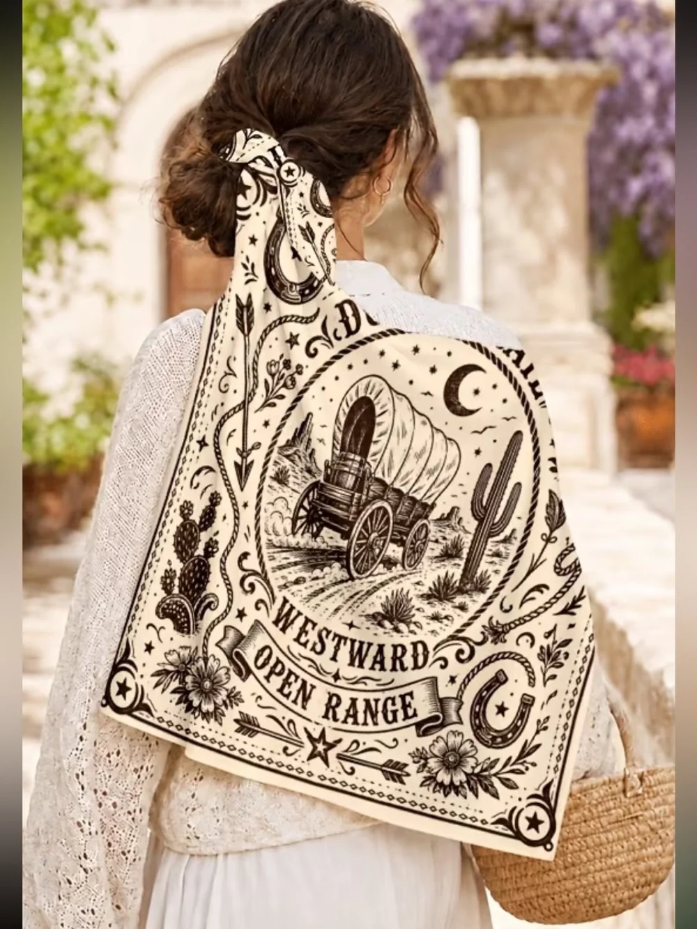 Dusty Trail Westward Open Range Cotton Bandana Scarf - Cream & Brown
